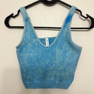 Blue Ribbed V-Neck Cropped Tank